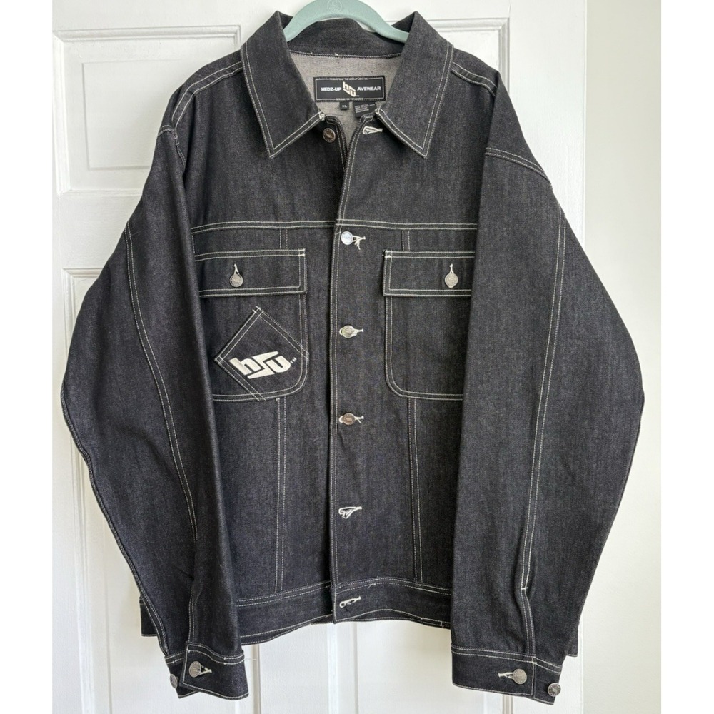 Hedz-Up Avewear Vintage Black Denim Jacket XL Y2K Hip Hop Streetwear Embroidered